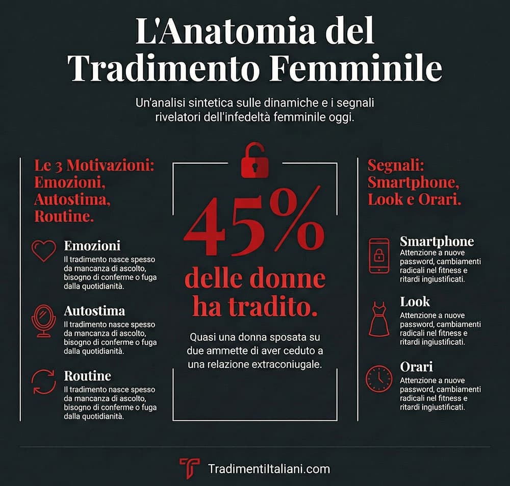 Infografica sulle donne sposate che tradiscono: statistiche, motivazioni psicologiche e i principali segnali per riconoscere il tradimento femminile.