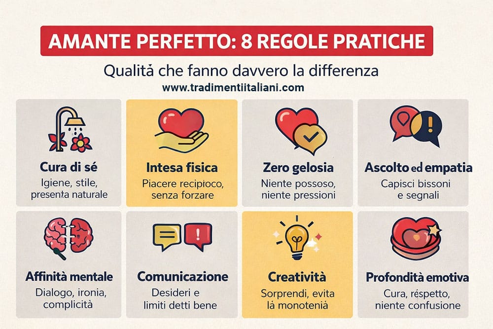 Infografica Amante Perfetto: 8 regole d’oro con qualità e atteggiamenti, dalla cura di sé alla discrezione e comunicazione.