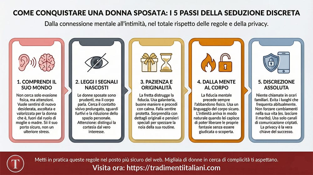 Infografica che spiega tutti i passi per sedurre una donna sposata