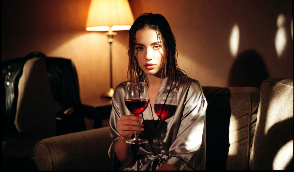 Donna in vestaglia seduta sul divano con un bicchiere di vino in un appartamento vuoto - storia vera di tradimento con il cognato