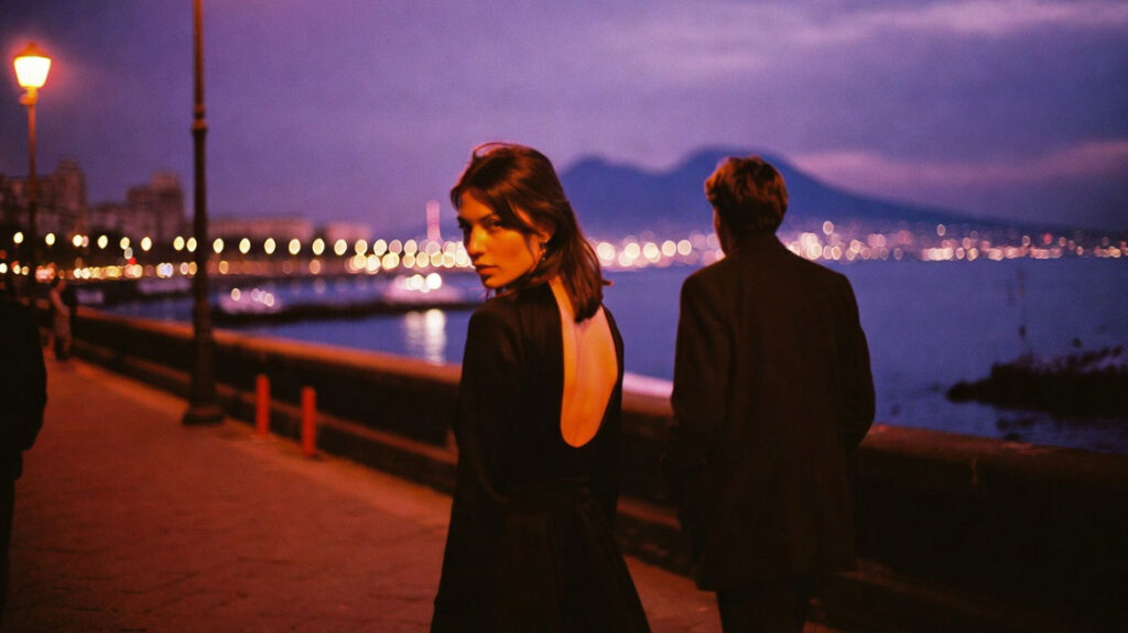 Coppia che cammina separata sul lungomare di Napoli al tramonto con il Vesuvio sullo sfondo - incontri extraconiugali Napoli