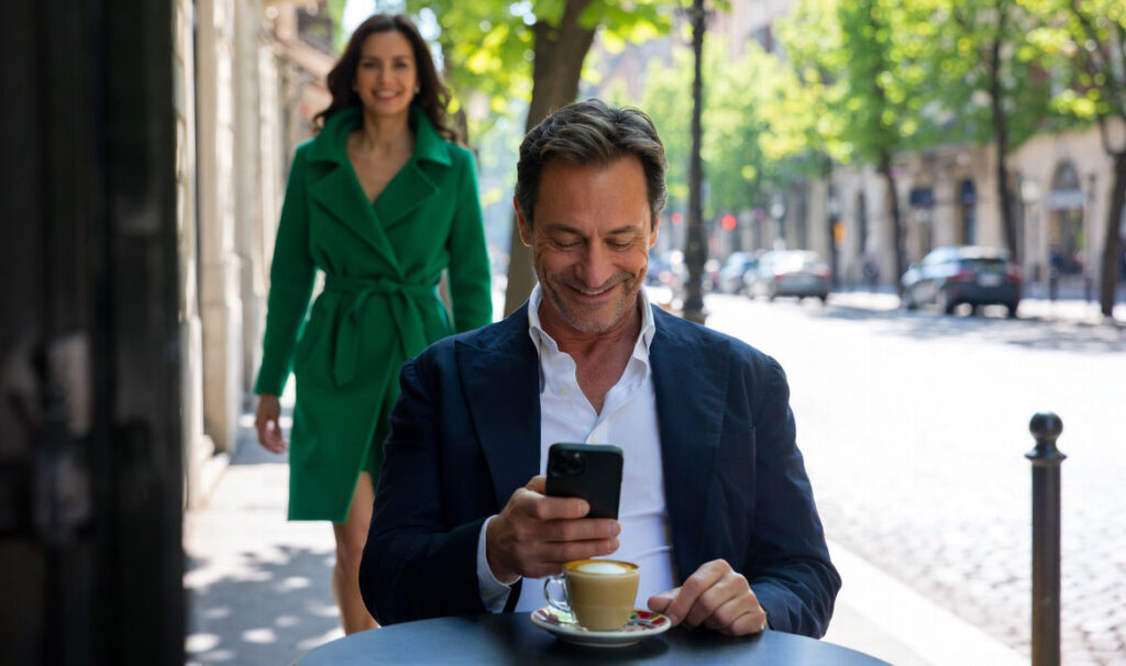 Uomo maturo sorridente seduto al tavolino di un bar all'aperto in attesa di una donna - storia vera di rinascita dopo il tradimento